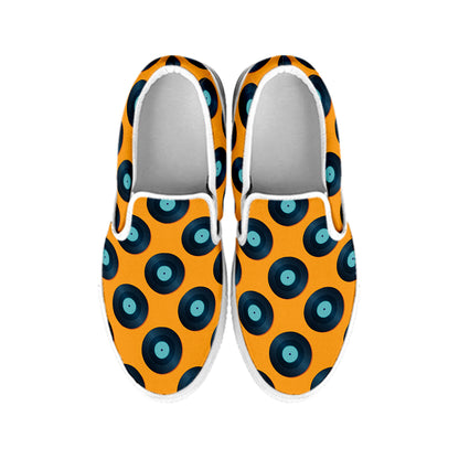 Blue Vinyl Record Pattern Print White Slip On Shoes