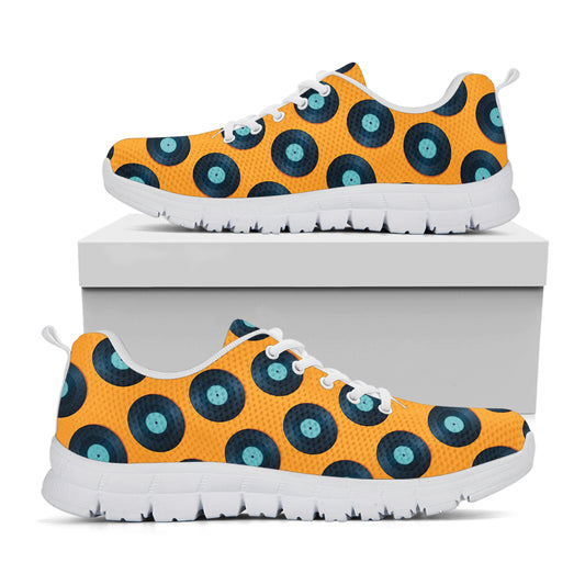 Blue Vinyl Record Pattern Print White Sneakers