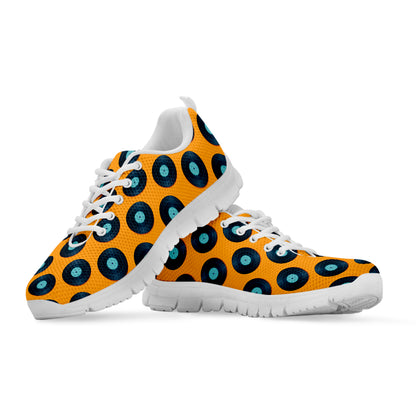 Blue Vinyl Record Pattern Print White Sneakers