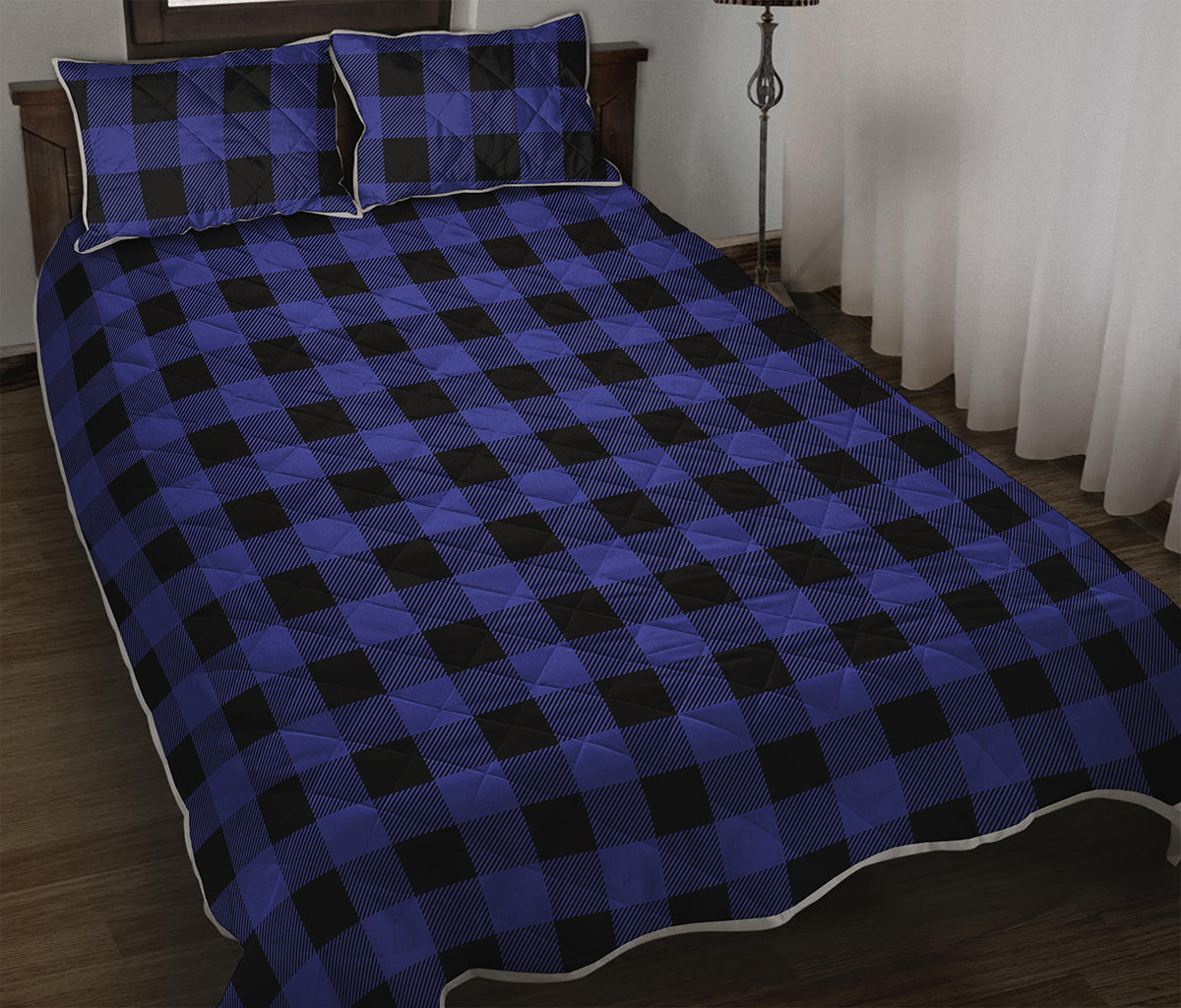Blue Violet And Black Buffalo Check Print Quilt Bed Set