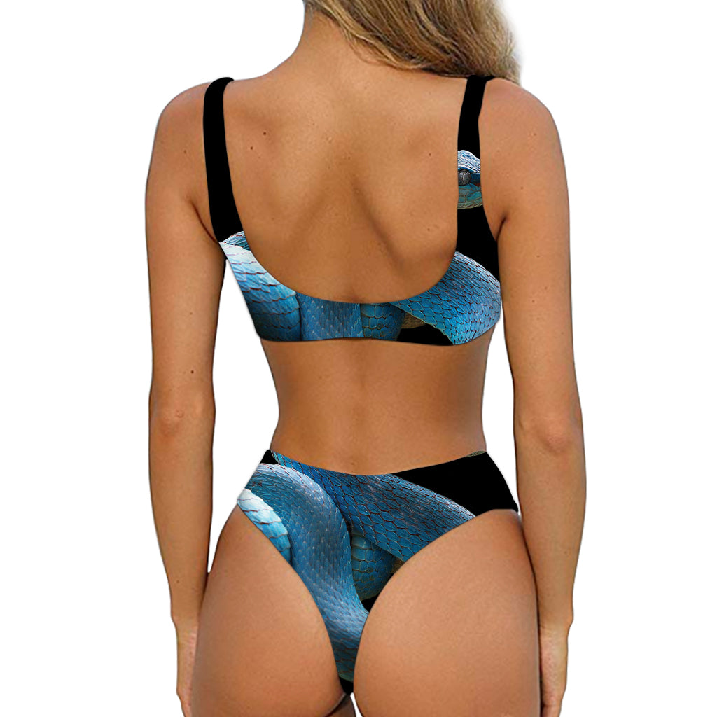 Blue Viper Snake Print Front Bow Tie Bikini