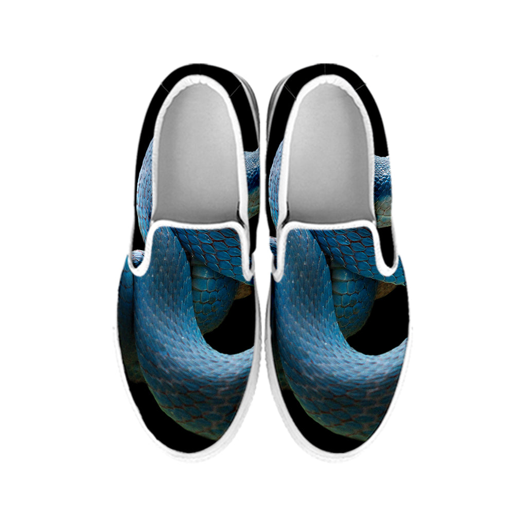Blue Viper Snake Print White Slip On Shoes
