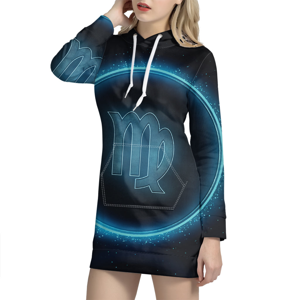 Blue Virgo Zodiac Sign Print Pullover Hoodie Dress