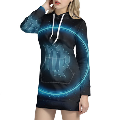 Blue Virgo Zodiac Sign Print Pullover Hoodie Dress