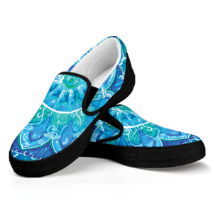 Blue Vishuddha Chakra Mandala Print Black Slip On Shoes