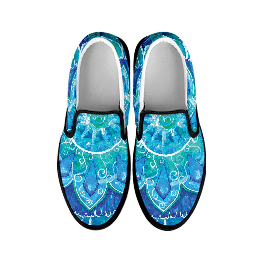 Blue Vishuddha Chakra Mandala Print Black Slip On Shoes