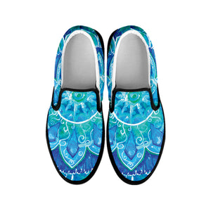 Blue Vishuddha Chakra Mandala Print Black Slip On Shoes