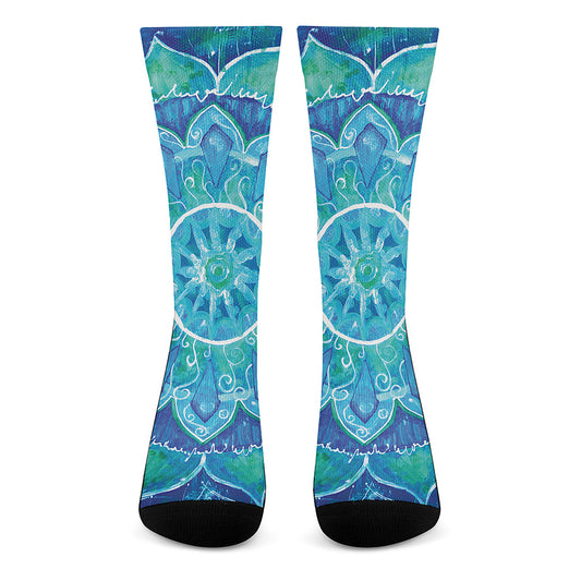 Blue Vishuddha Chakra Mandala Print Crew Socks