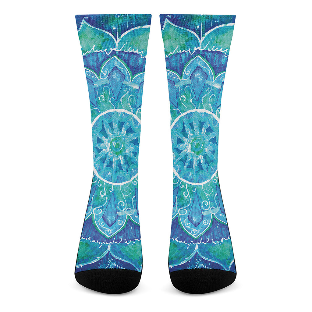 Blue Vishuddha Chakra Mandala Print Crew Socks