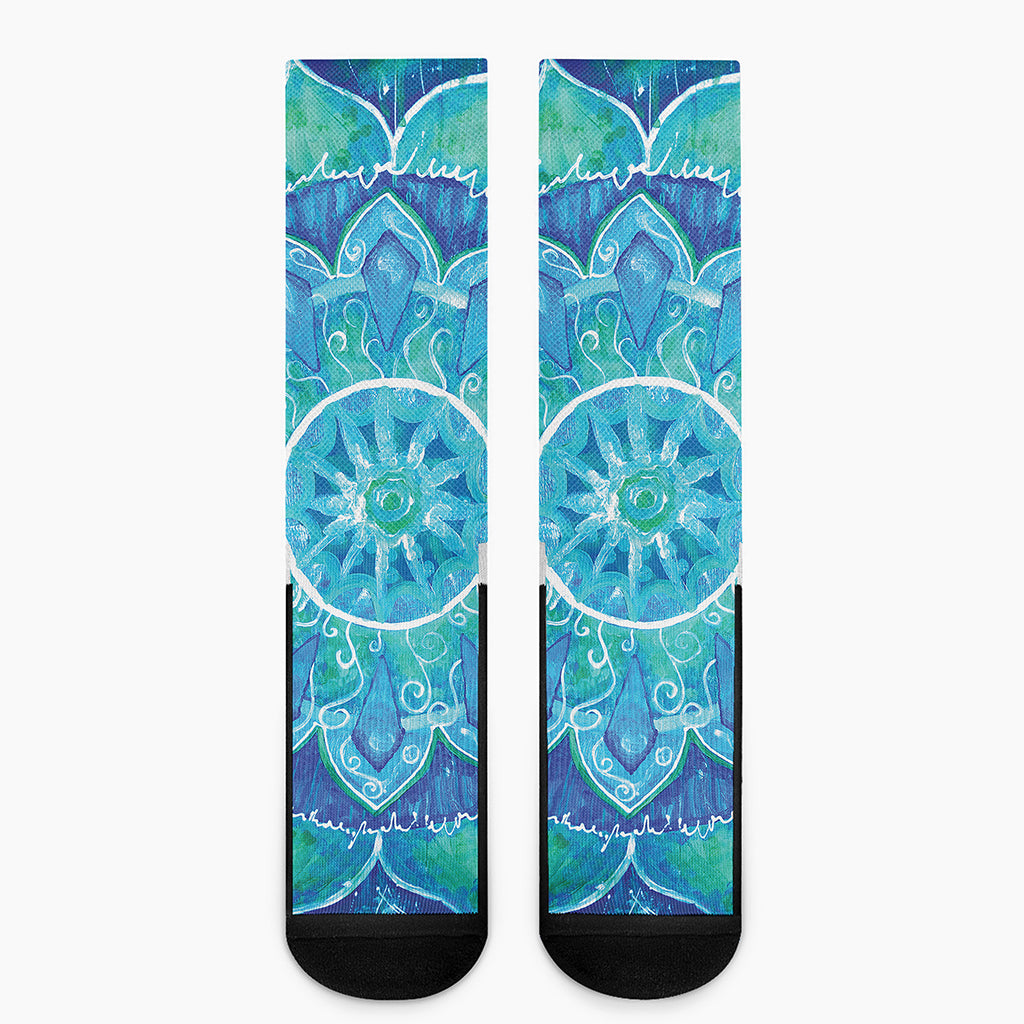 Blue Vishuddha Chakra Mandala Print Crew Socks