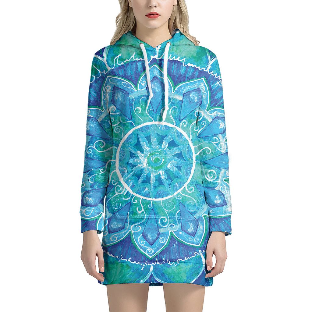 Blue Vishuddha Chakra Mandala Print Hoodie Dress