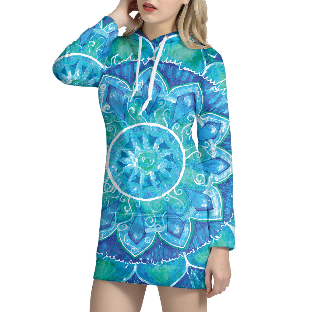 Blue Vishuddha Chakra Mandala Print Hoodie Dress