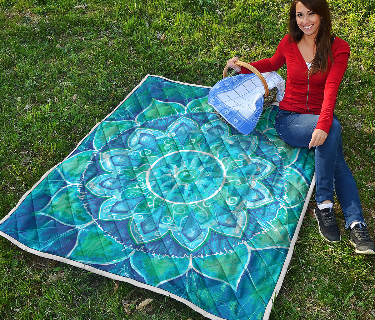 Blue Vishuddha Chakra Mandala Print Quilt