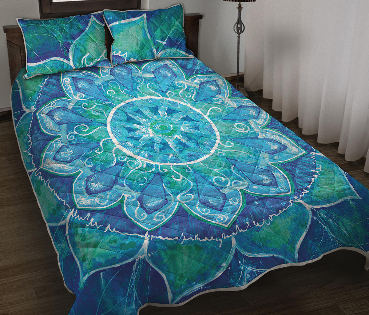 Blue Vishuddha Chakra Mandala Print Quilt Bed Set
