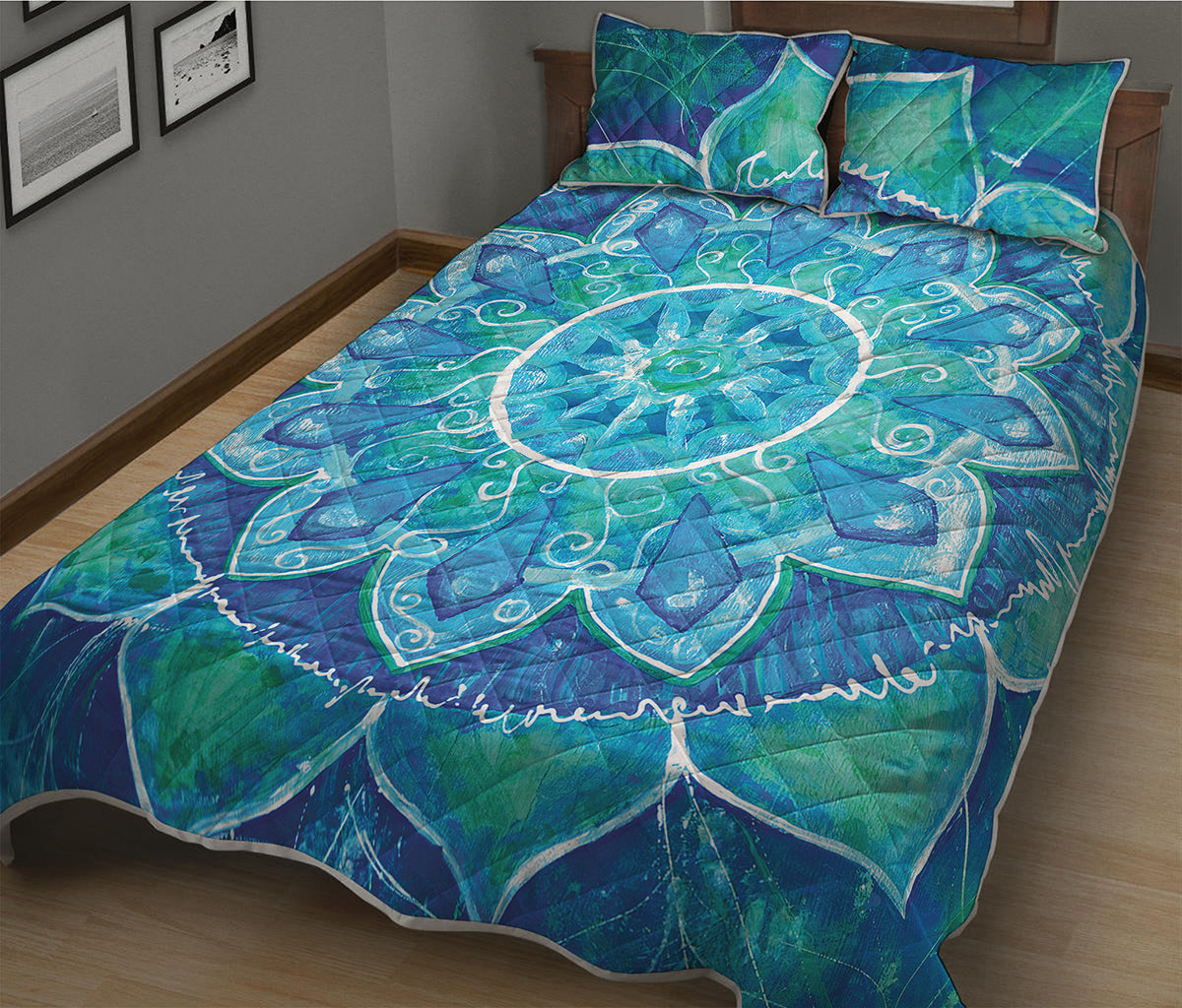 Blue Vishuddha Chakra Mandala Print Quilt Bed Set