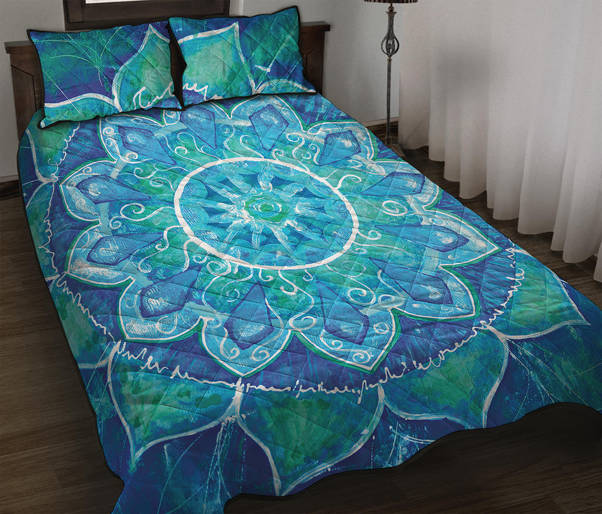 Blue Vishuddha Chakra Mandala Print Quilt Bed Set