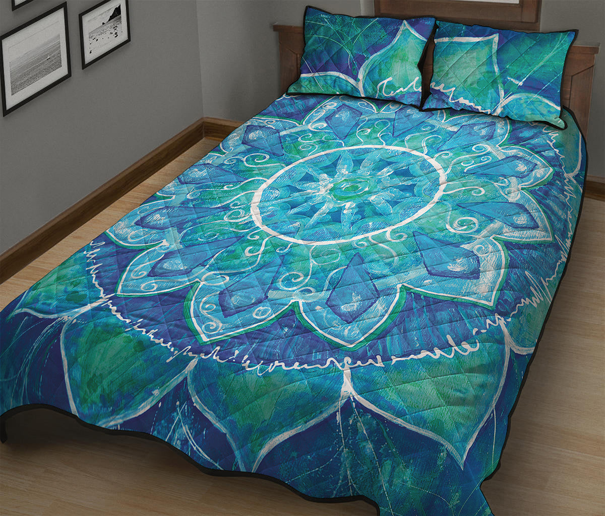 Blue Vishuddha Chakra Mandala Print Quilt Bed Set
