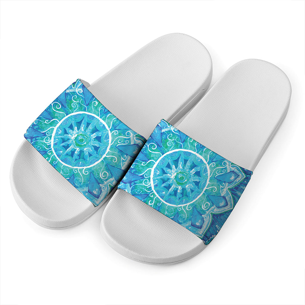 Blue Vishuddha Chakra Mandala Print White Slide Sandals