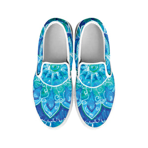 Blue Vishuddha Chakra Mandala Print White Slip On Shoes