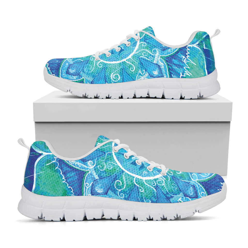 Blue Vishuddha Chakra Mandala Print White Sneakers