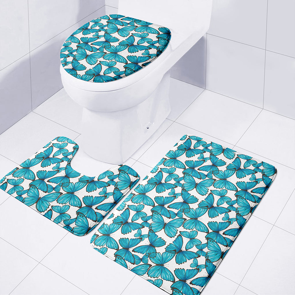 Blue Watercolor Butterfly Pattern Print 3 Piece Bath Mat Set