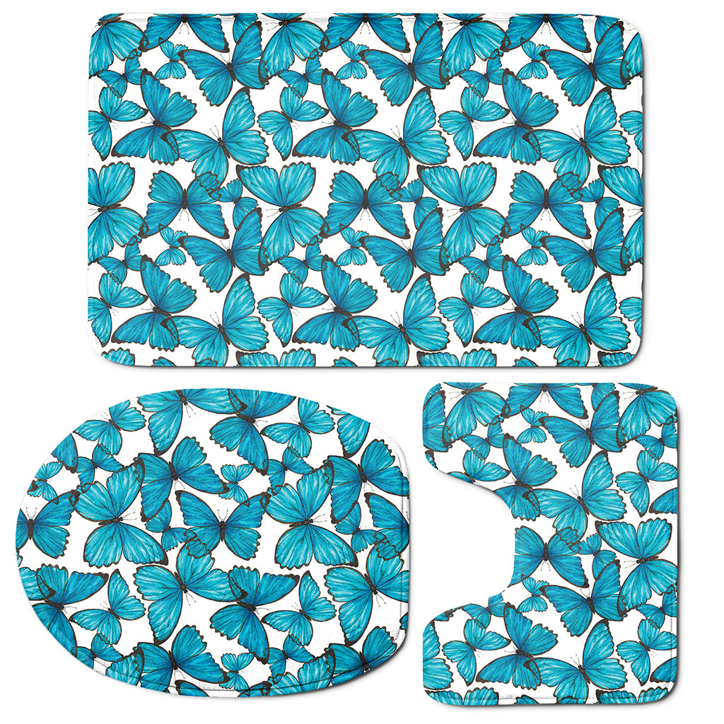 Blue Watercolor Butterfly Pattern Print 3 Piece Bath Mat Set
