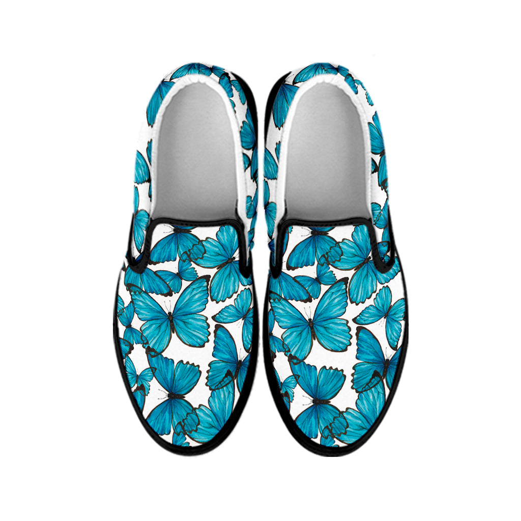 Blue Watercolor Butterfly Pattern Print Black Slip On Shoes