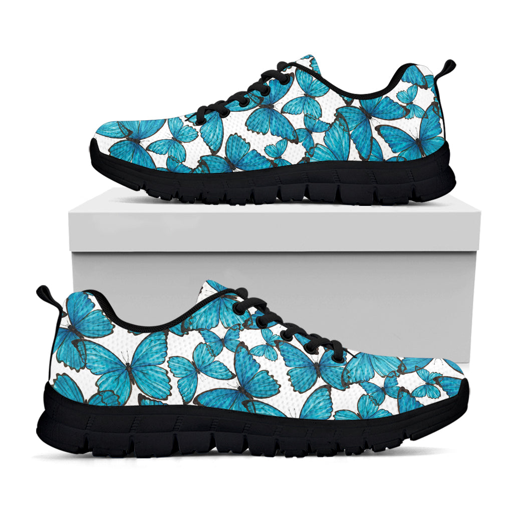 Blue Watercolor Butterfly Pattern Print Black Sneakers