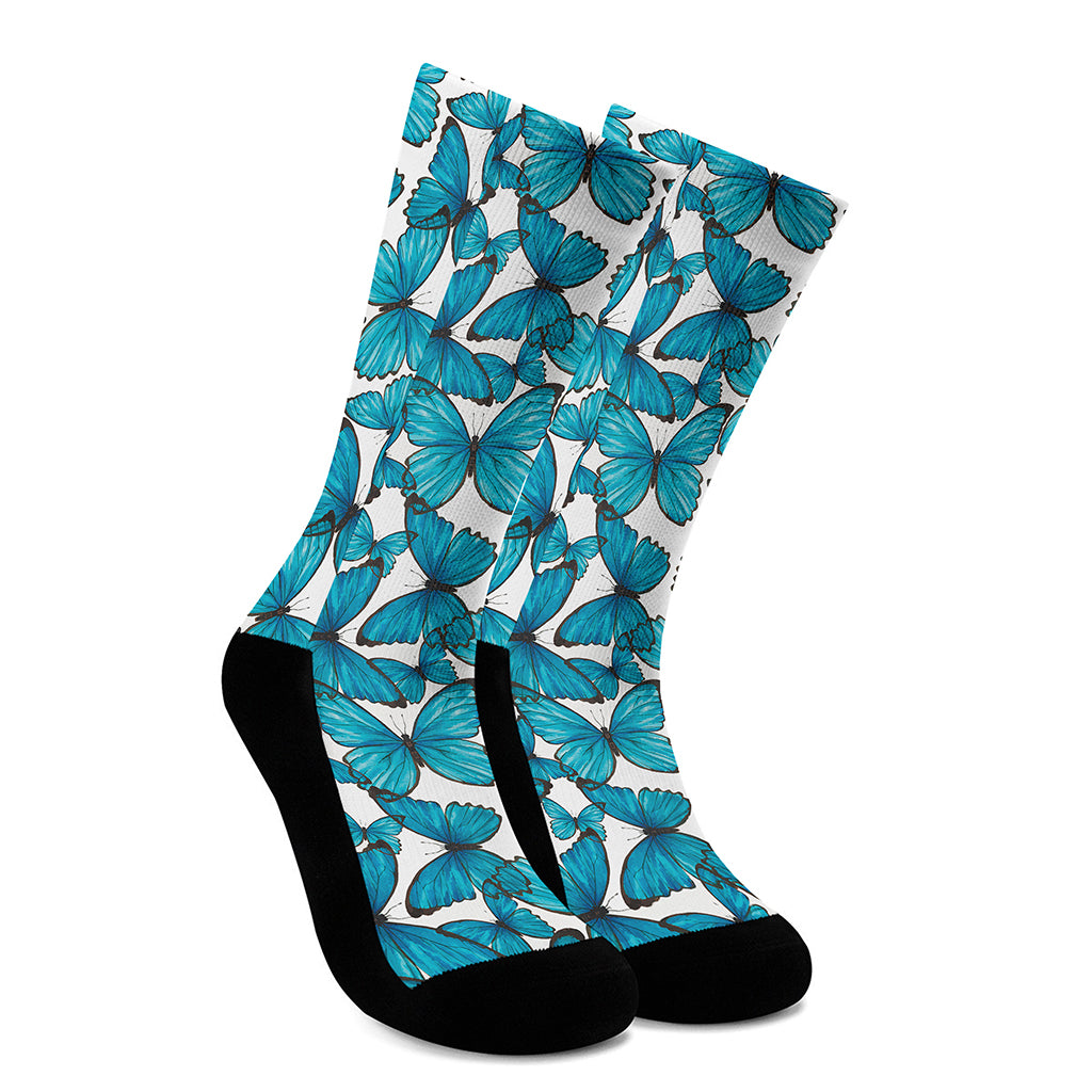 Blue Watercolor Butterfly Pattern Print Crew Socks