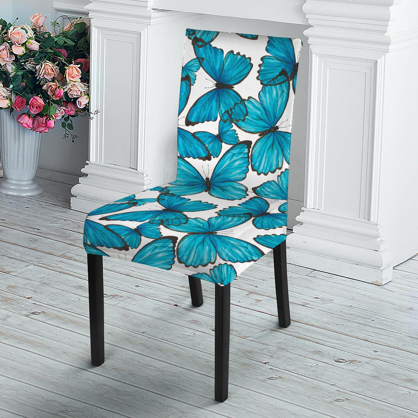 Blue Watercolor Butterfly Pattern Print Dining Chair Slipcover