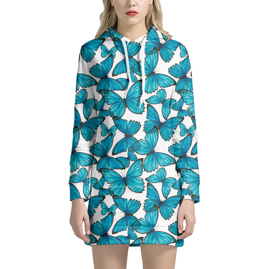 Blue Watercolor Butterfly Pattern Print Hoodie Dress