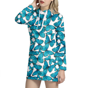 Blue Watercolor Butterfly Pattern Print Hoodie Dress