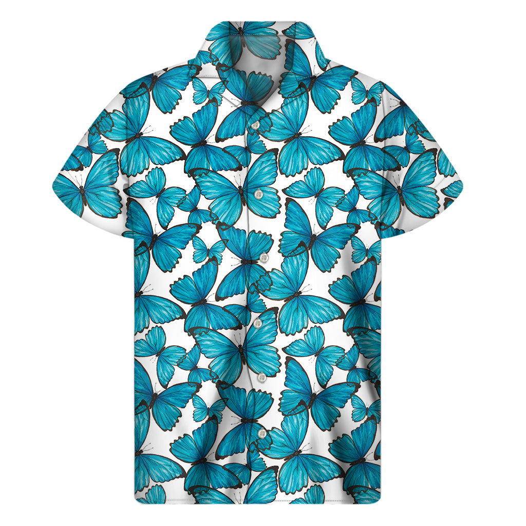 Blue Watercolor Butterfly Pattern Print Men's Short Sleeve Shirt
