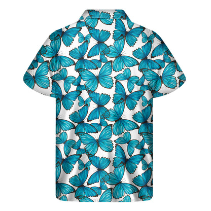 Blue Watercolor Butterfly Pattern Print Men's Short Sleeve Shirt