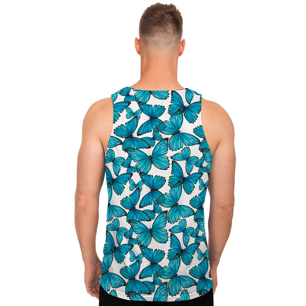 Blue Watercolor Butterfly Pattern Print Men's Tank Top