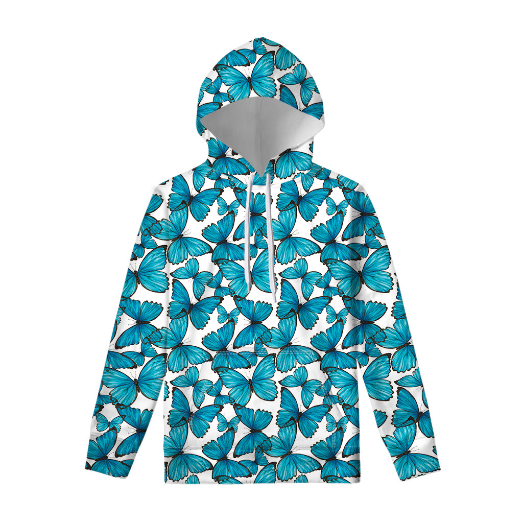 Blue Watercolor Butterfly Pattern Print Pullover Hoodie