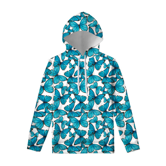 Blue Watercolor Butterfly Pattern Print Pullover Hoodie