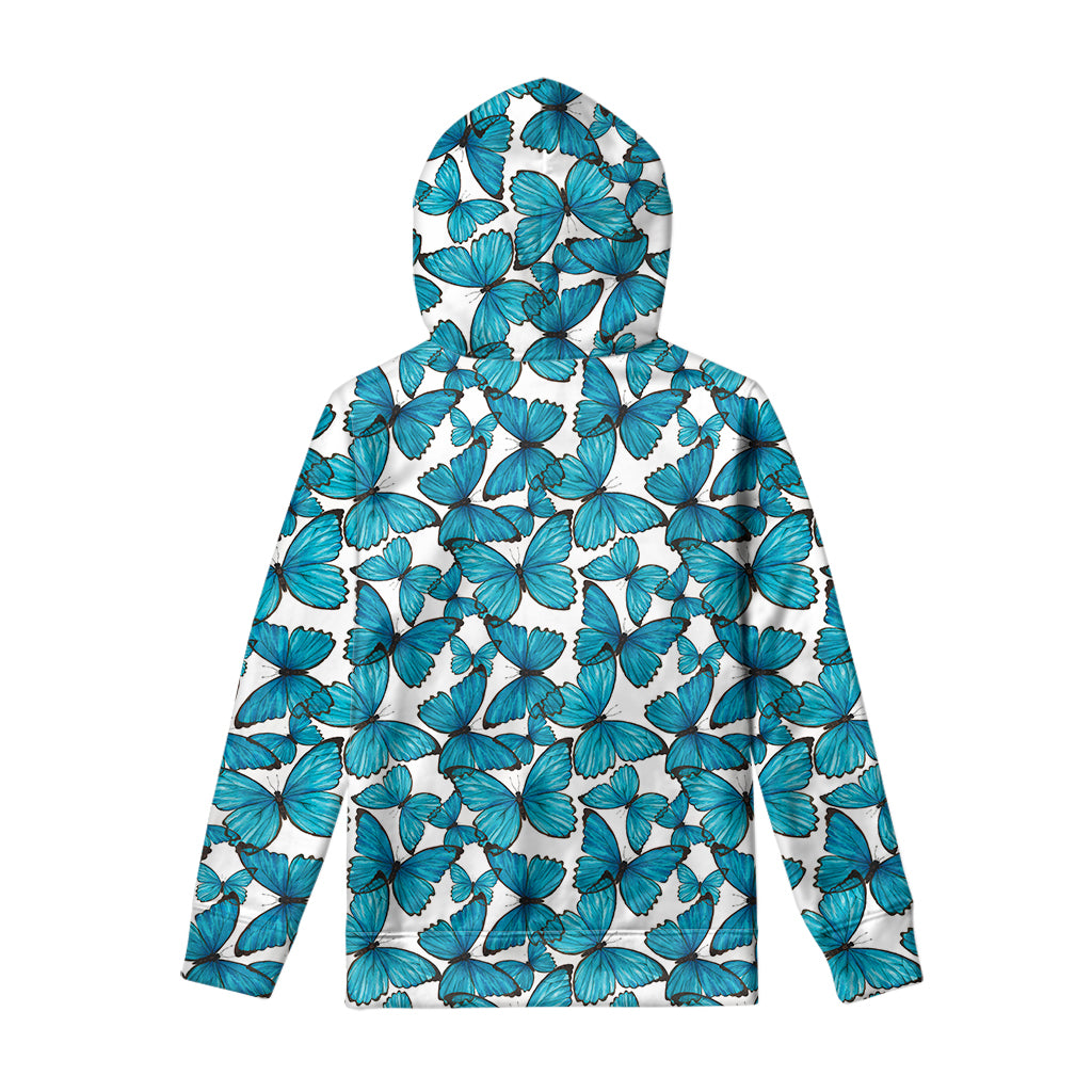 Blue Watercolor Butterfly Pattern Print Pullover Hoodie