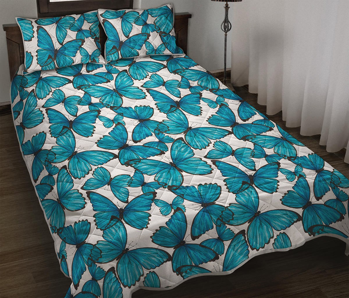 Blue Watercolor Butterfly Pattern Print Quilt Bed Set