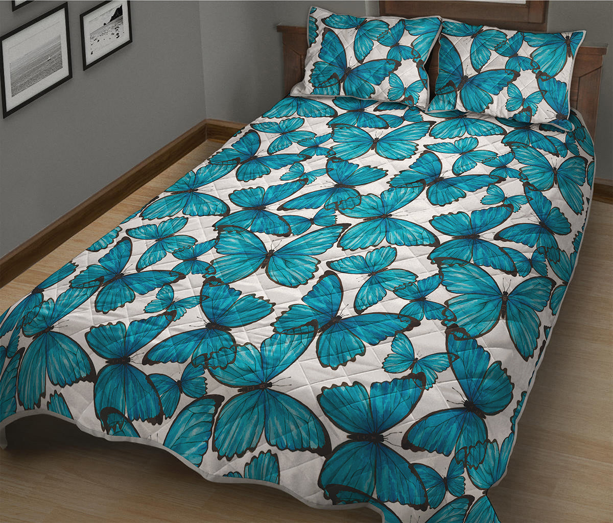Blue Watercolor Butterfly Pattern Print Quilt Bed Set