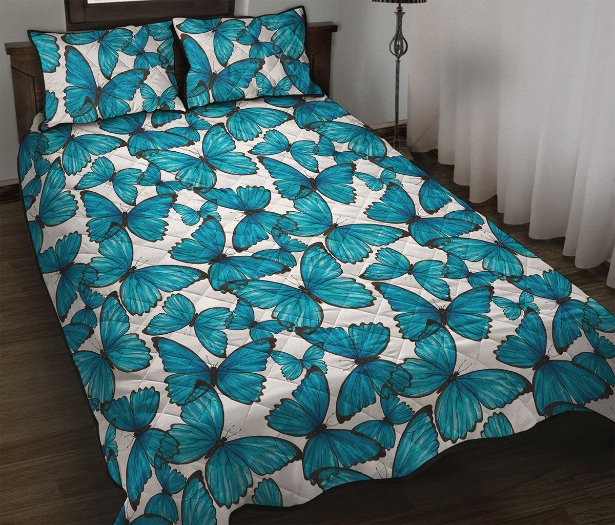 Blue Watercolor Butterfly Pattern Print Quilt Bed Set