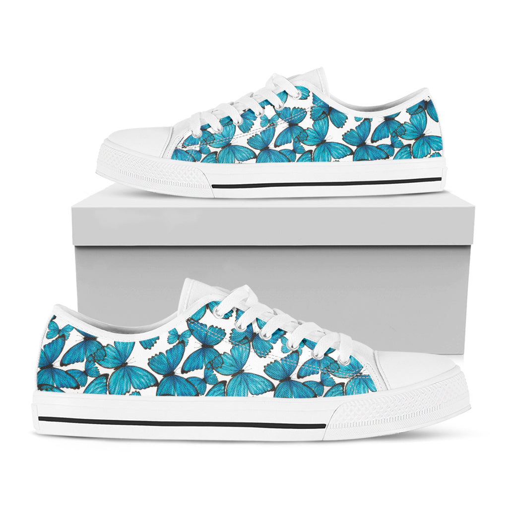 Blue Watercolor Butterfly Pattern Print White Low Top Shoes