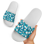 Blue Watercolor Butterfly Pattern Print White Slide Sandals