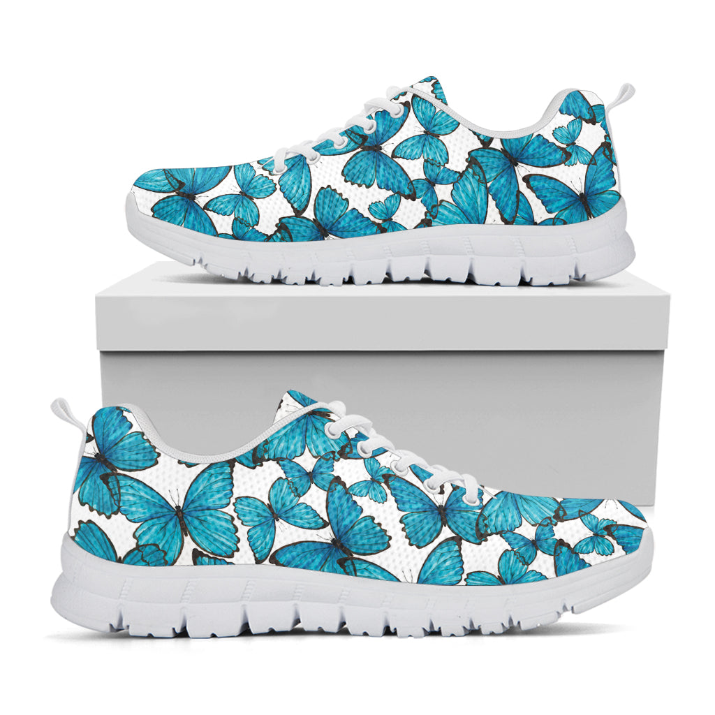 Blue Watercolor Butterfly Pattern Print White Sneakers