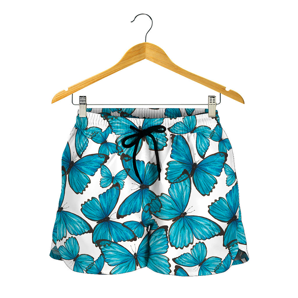 Blue Watercolor Butterfly Pattern Print Women's Shorts