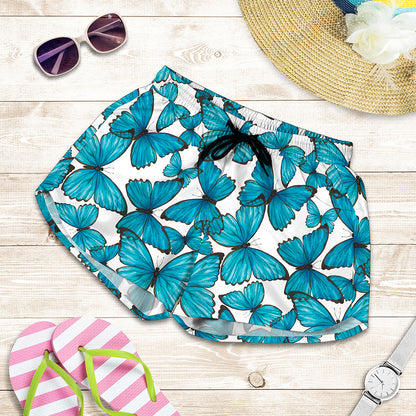 Blue Watercolor Butterfly Pattern Print Women's Shorts