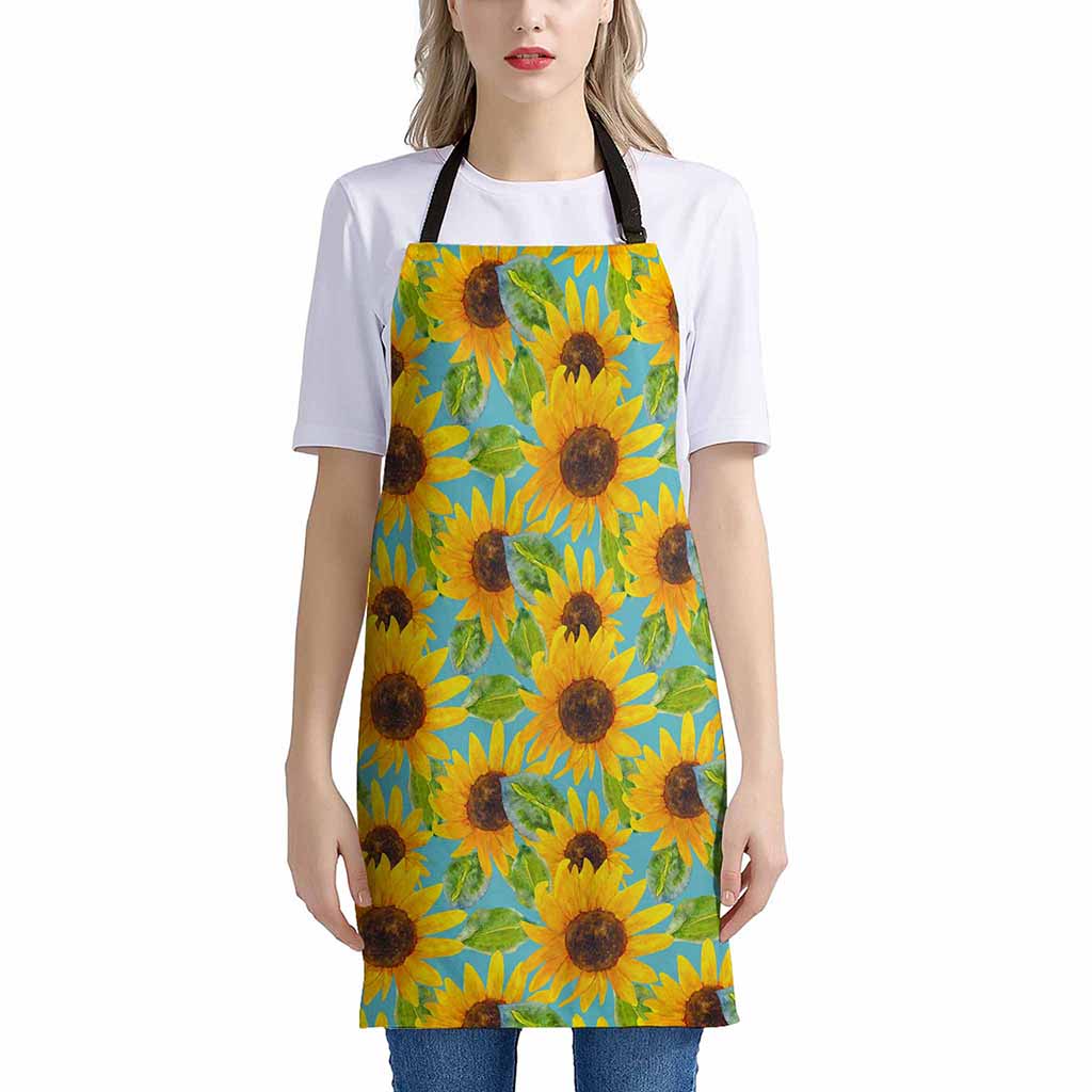 Blue Watercolor Sunflower Pattern Print Apron