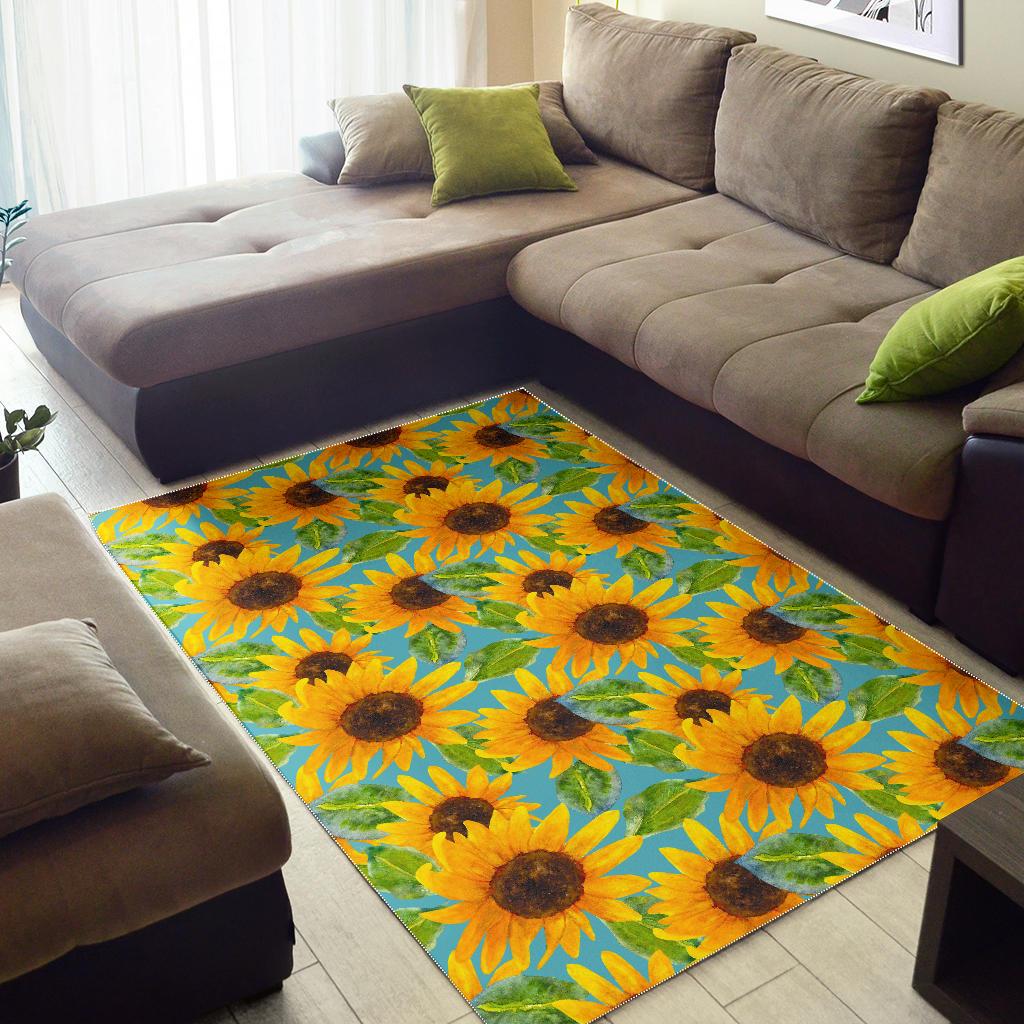 Blue Watercolor Sunflower Pattern Print Area Rug GearFrost