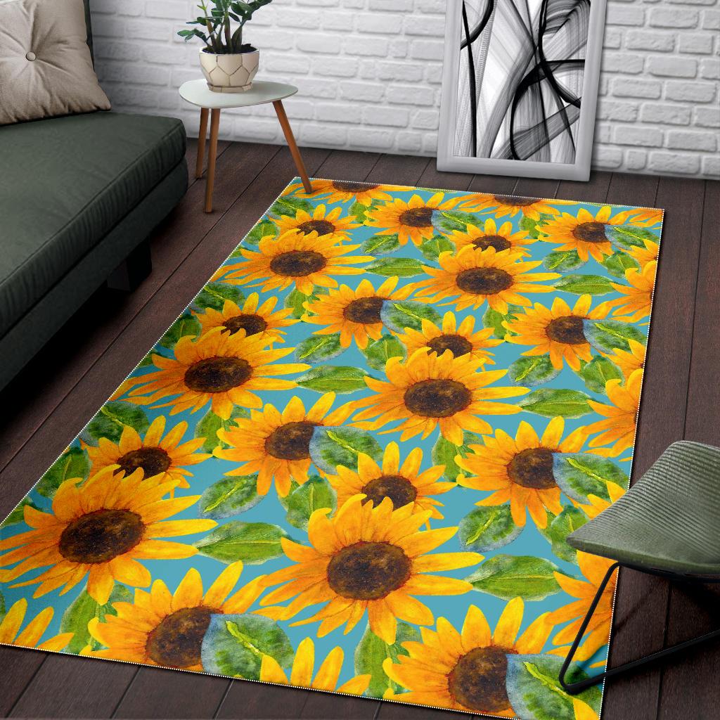 Blue Watercolor Sunflower Pattern Print Area Rug GearFrost