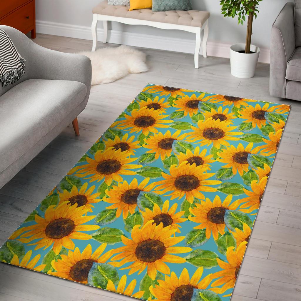 Blue Watercolor Sunflower Pattern Print Area Rug GearFrost